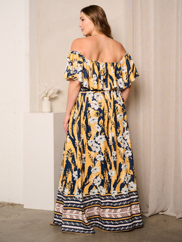 PLUS SIZE OFF SHOULDER RUFFLE FRONT SLIT FLORAL MAXI DRESS