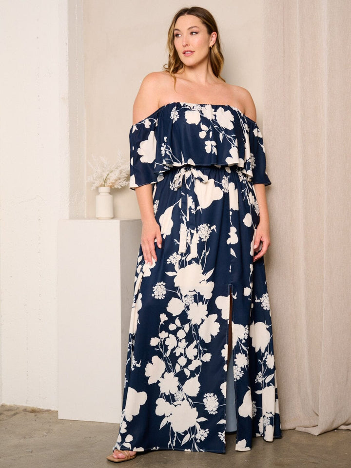 PLUS SIZE OFF SHOULDER RUFFLE SIDE SLIT FLORAL MAXI DRESS