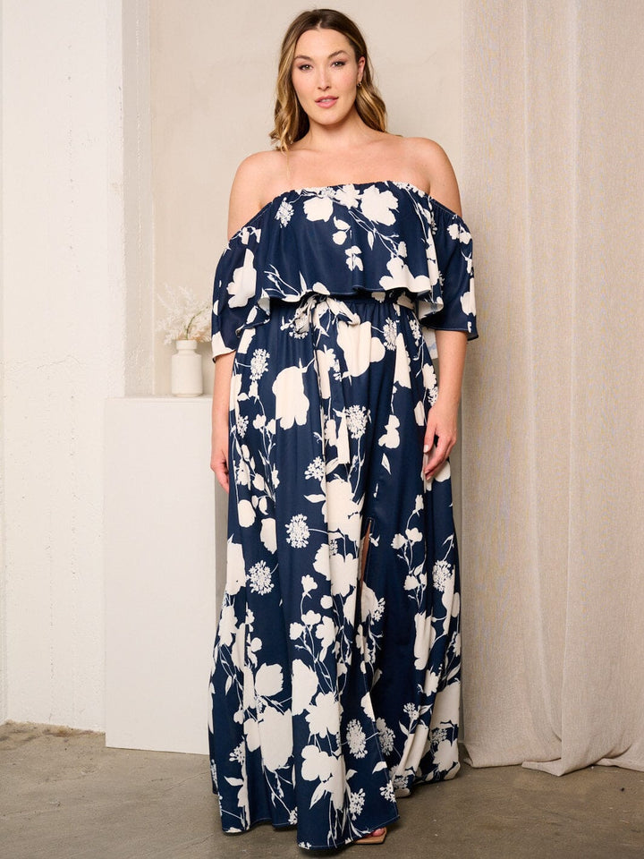 PLUS SIZE OFF SHOULDER RUFFLE SIDE SLIT FLORAL MAXI DRESS