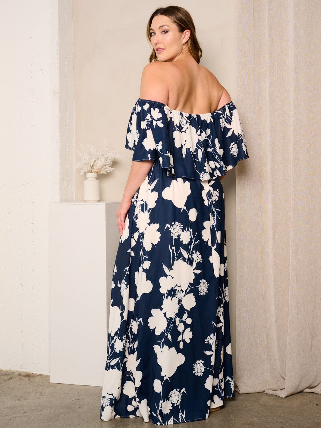 PLUS SIZE OFF SHOULDER RUFFLE SIDE SLIT FLORAL MAXI DRESS