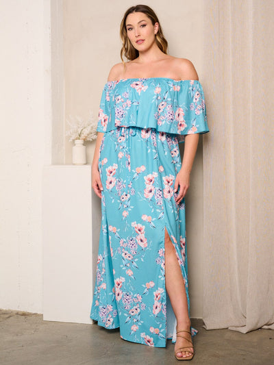 PLUS SIZE OFF SHOULDER RUFFLE SIDE SLIT FLORAL MAXI DRESS