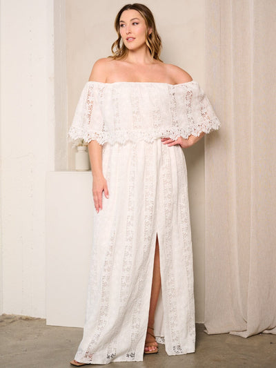 PLUS SIZE OFF SHOULDER RUFFLE SIDE SLIIT MAXI DRESS