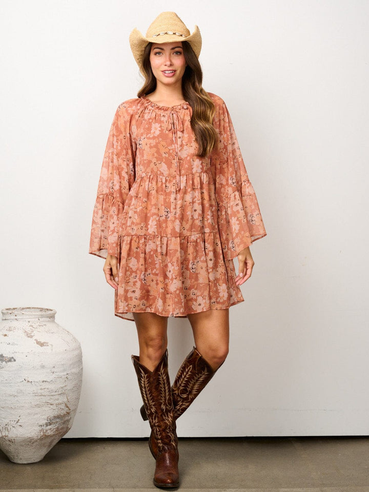WOMEN'S LONG SLEEVE TIERED TUNIC FLORAL MINI DRESS