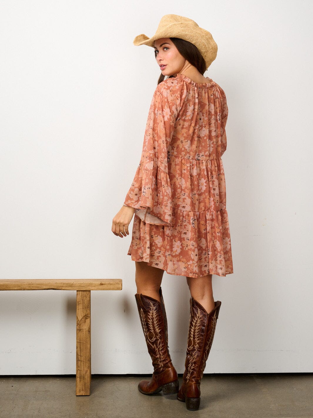 WOMEN'S LONG SLEEVE TIERED TUNIC FLORAL MINI DRESS