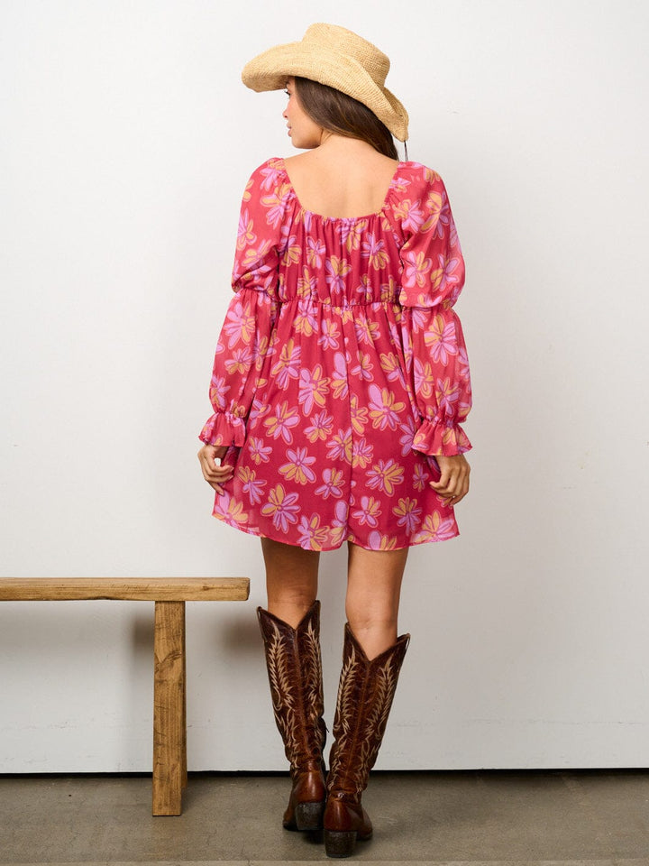 WOMEN'S LONG SLEEVE V-NECK FLORAL MINI DRESS
