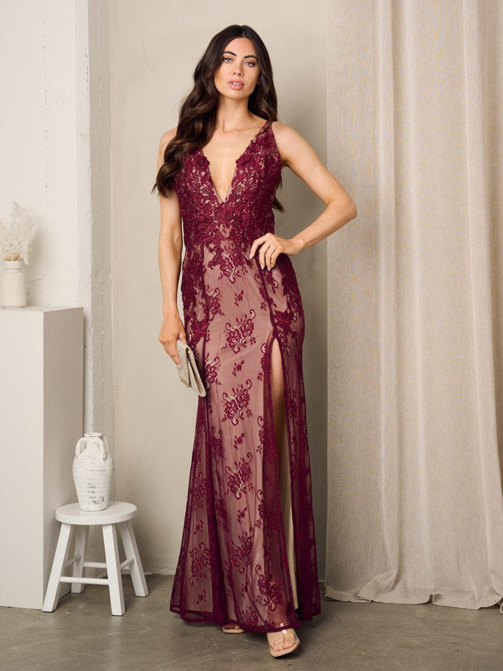 WOMEN'S SLEEVELESS V-NECK LACE FRONT SLIT MAXI GOWN DRESS
