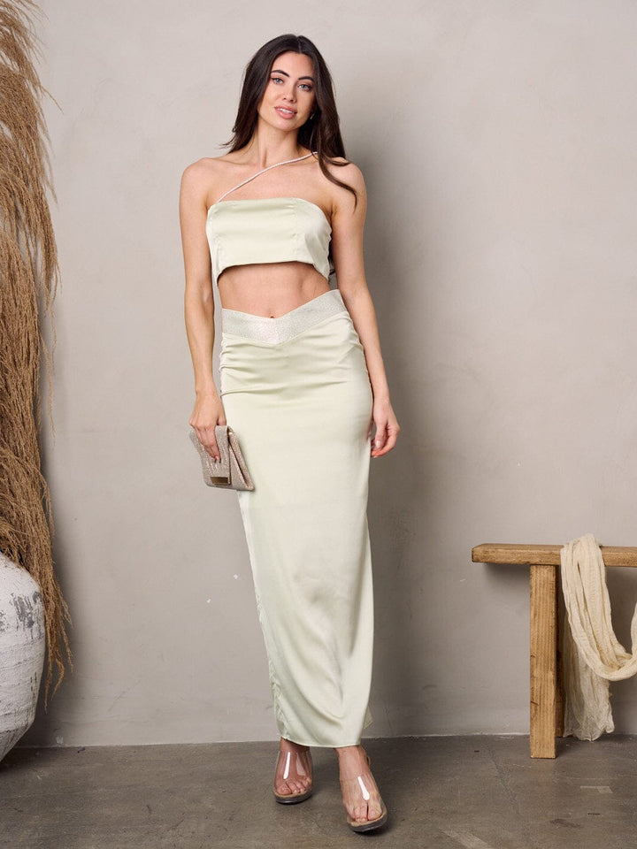 WOMEN'S SLEEVELESS CROP TOP & SILK MAXI SKIRT SET