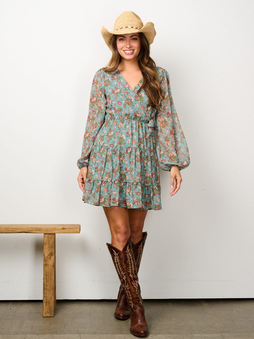 WOMEN'S LONG SLEEVE SURPLICE TIERED FLORAL MINI DRESS