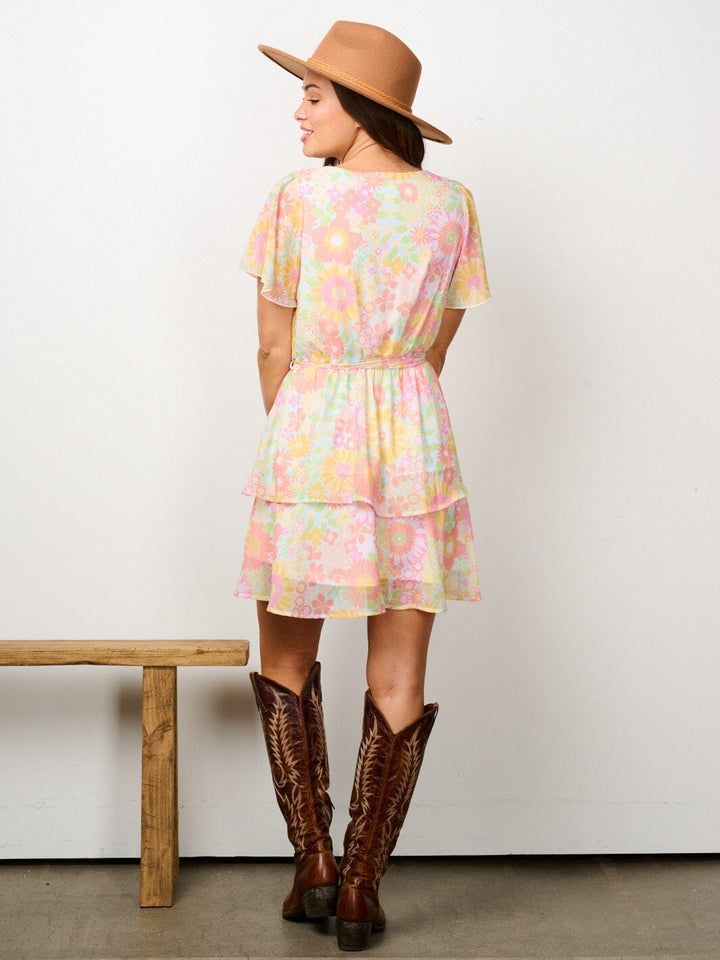WOMEN'S SHORT SLEEVE SURPLICE TIERED FLORAL MINI DRESS