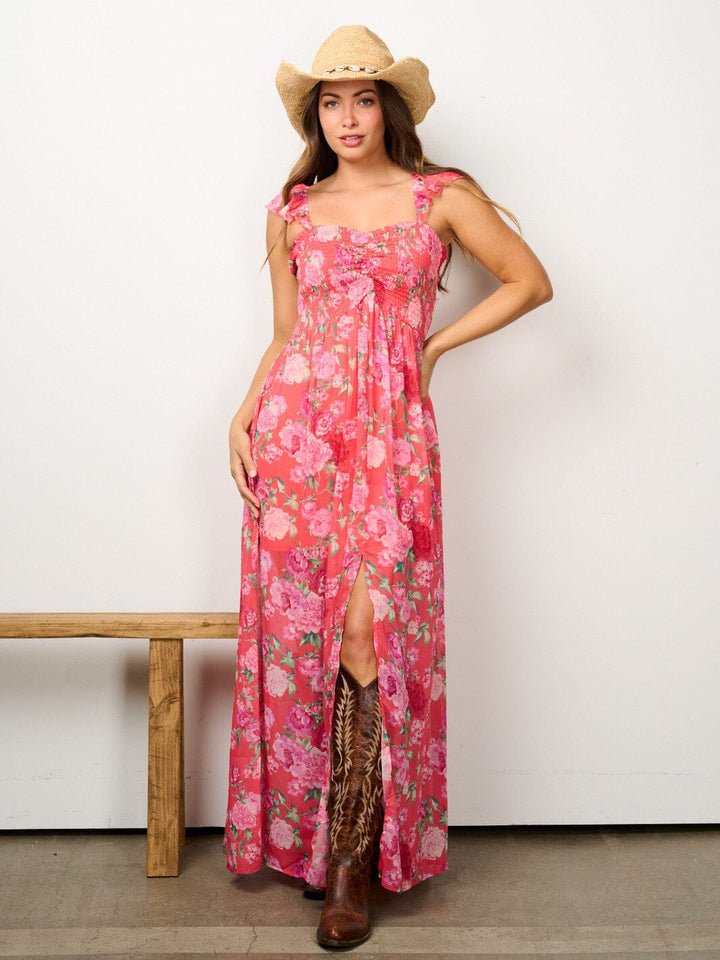 WOMEN'S SLEEVELESS SMOCK FRONT SLIT FLORAL MAXI DRESS