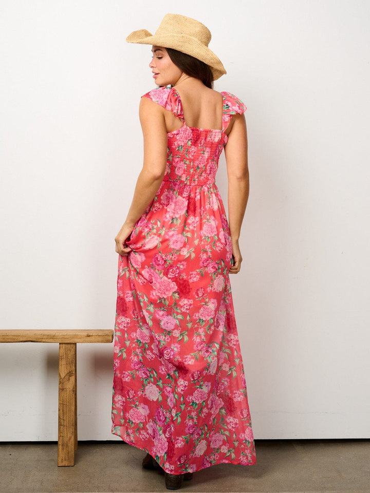 WOMEN'S SLEEVELESS SMOCK FRONT SLIT FLORAL MAXI DRESS