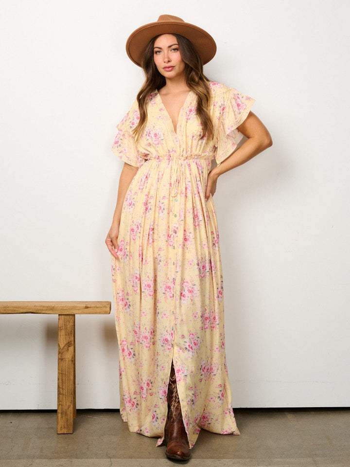 WOMEN'S SHORT SLEEVE V-NECK BACK TIE FLORAL MAXI DRESS