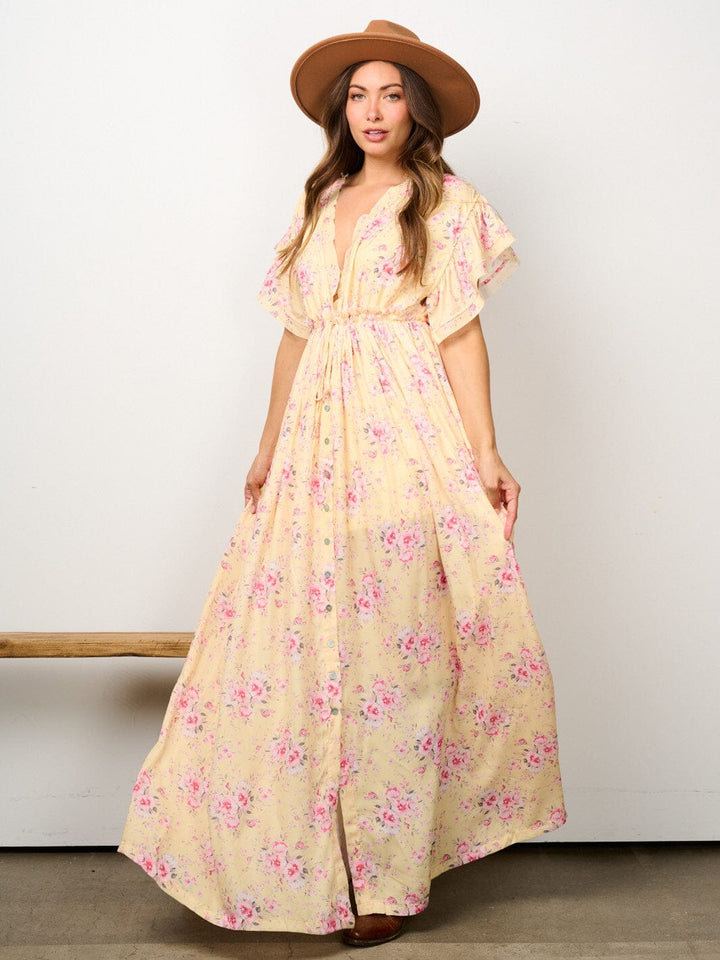 WOMEN'S SHORT SLEEVE V-NECK BACK TIE FLORAL MAXI DRESS