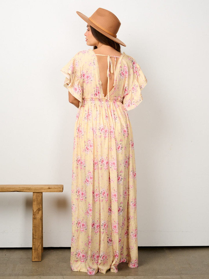 WOMEN'S SHORT SLEEVE V-NECK BACK TIE FLORAL MAXI DRESS