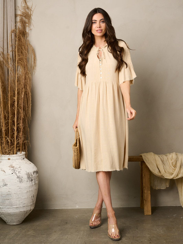 WOMEN'S SHORT RUFFLE SLEEVE V-NECK MIDI DRESS