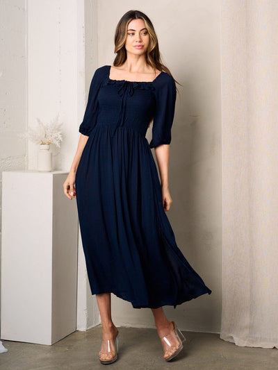 WOMEN'S 3/4 SLEEVE SQUARE NECK ELASTIC WAIST MIDI DRESS