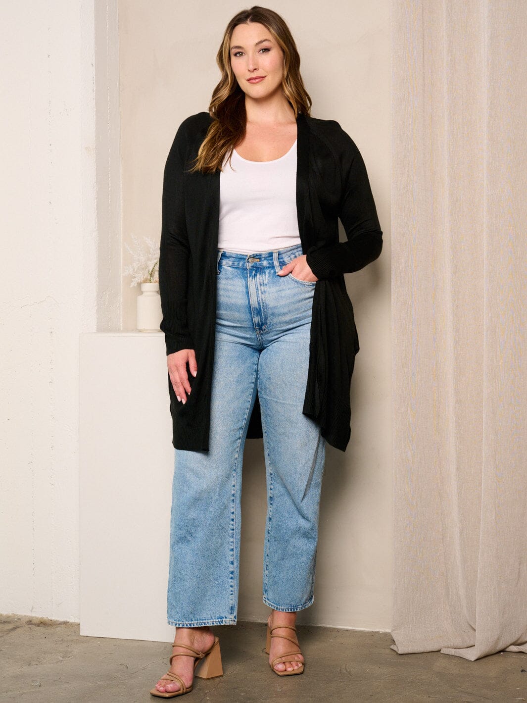 PLUS SIZE LONG SLEEVE OPEN FRONT POCKETS CARDIGAN