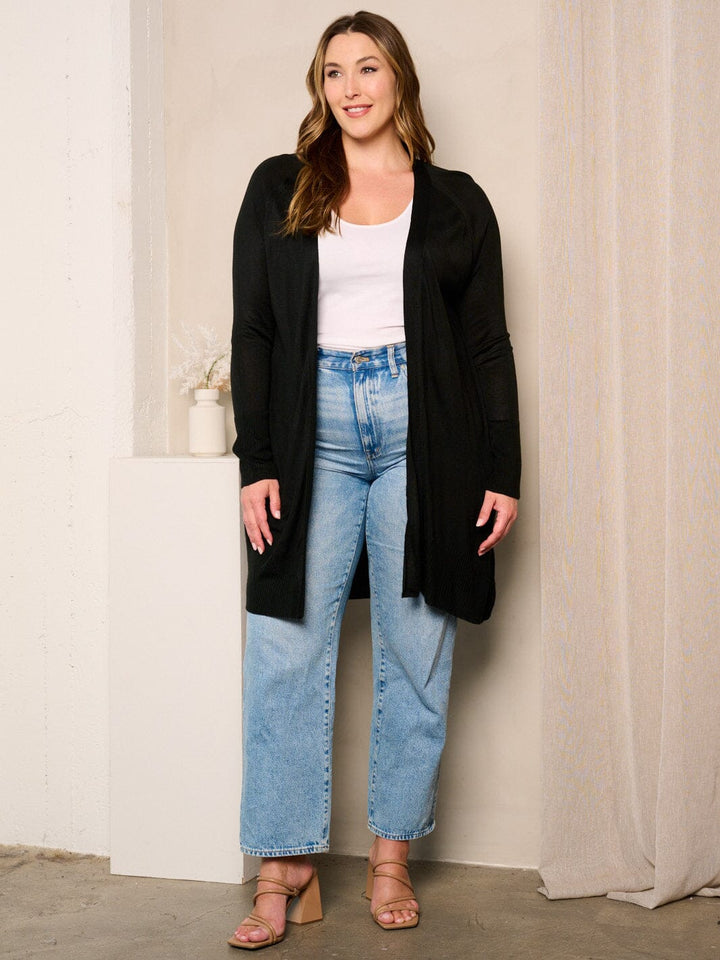 PLUS SIZE LONG SLEEVE OPEN FRONT POCKETS CARDIGAN