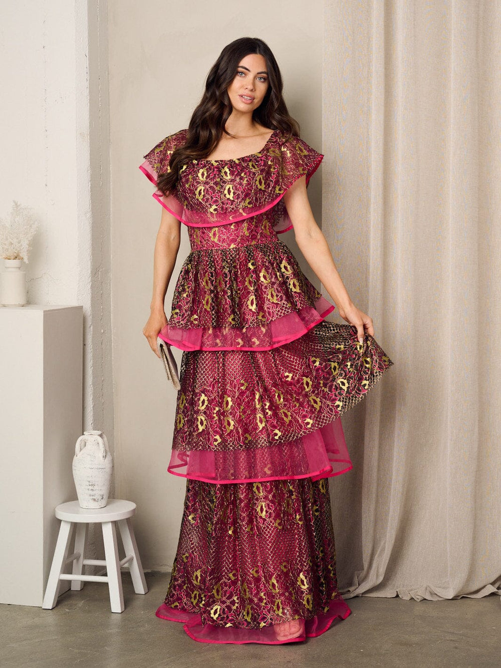 WOMEN'S SLEEVELESS RUFFLE TIERED LACE MAXI GOWN DRESS