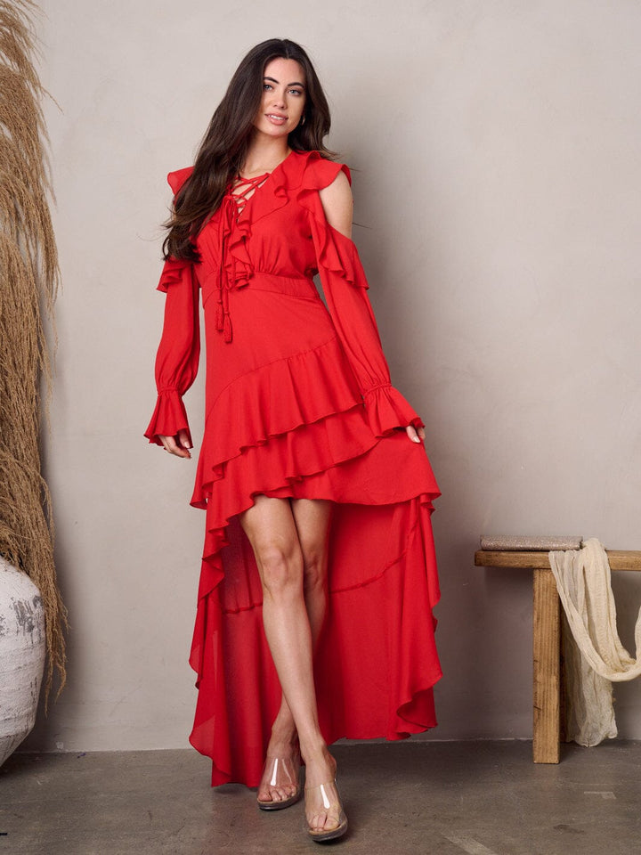 WOMEN'S COLD SHOULDER LONG SLEEVE RUFFLE HI-LOW MAXI DRESS