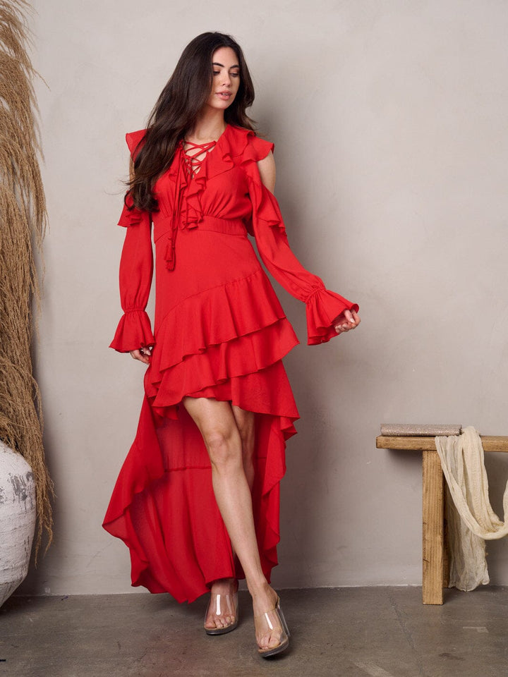 WOMEN'S COLD SHOULDER LONG SLEEVE RUFFLE HI-LOW MAXI DRESS