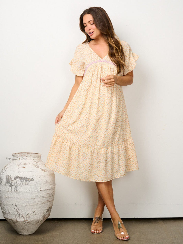 WOMEN'S SHORT RUFFLE SLEEVE V-NECK SMOCK FLORAL MIDI DRESS