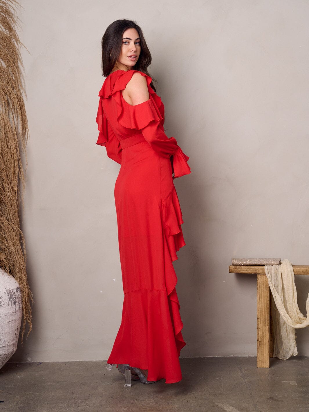 WOMEN'S COLD SHOULDER LONG SLEEVE RUFFLE HI-LOW MAXI DRESS