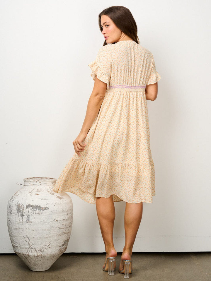 WOMEN'S SHORT RUFFLE SLEEVE V-NECK SMOCK FLORAL MIDI DRESS