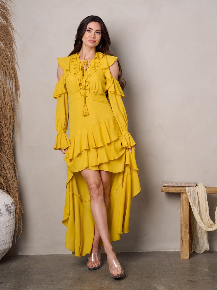 WOMEN'S COLD SHOULDER LONG SLEEVE RUFFLE HI-LOW MAXI DRESS