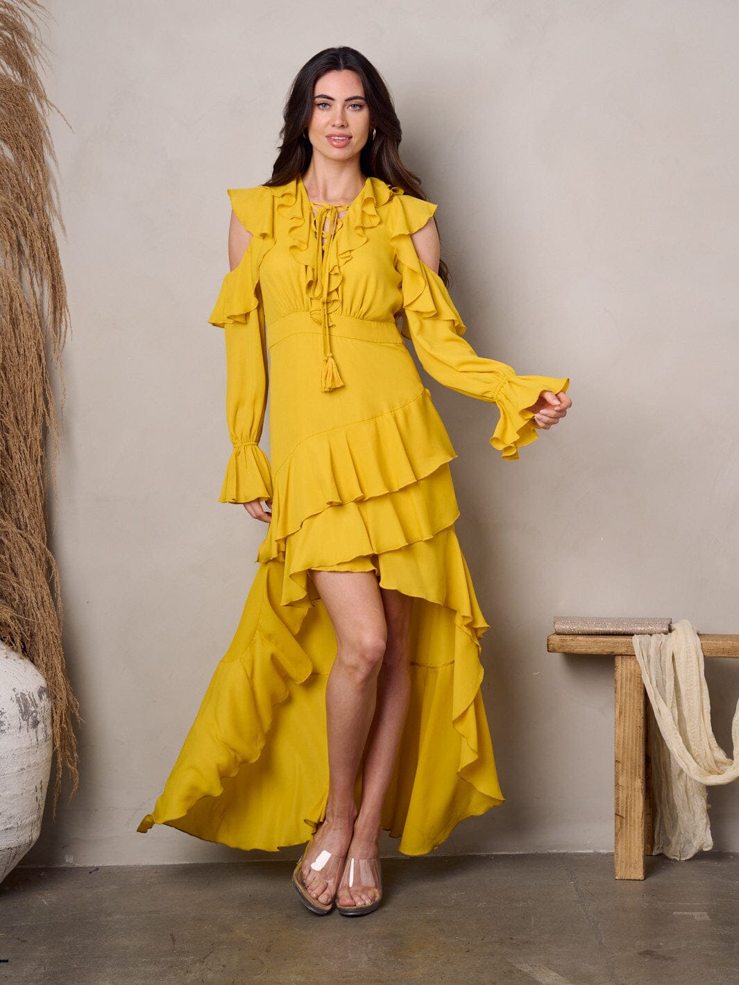 WOMEN'S COLD SHOULDER LONG SLEEVE RUFFLE HI-LOW MAXI DRESS