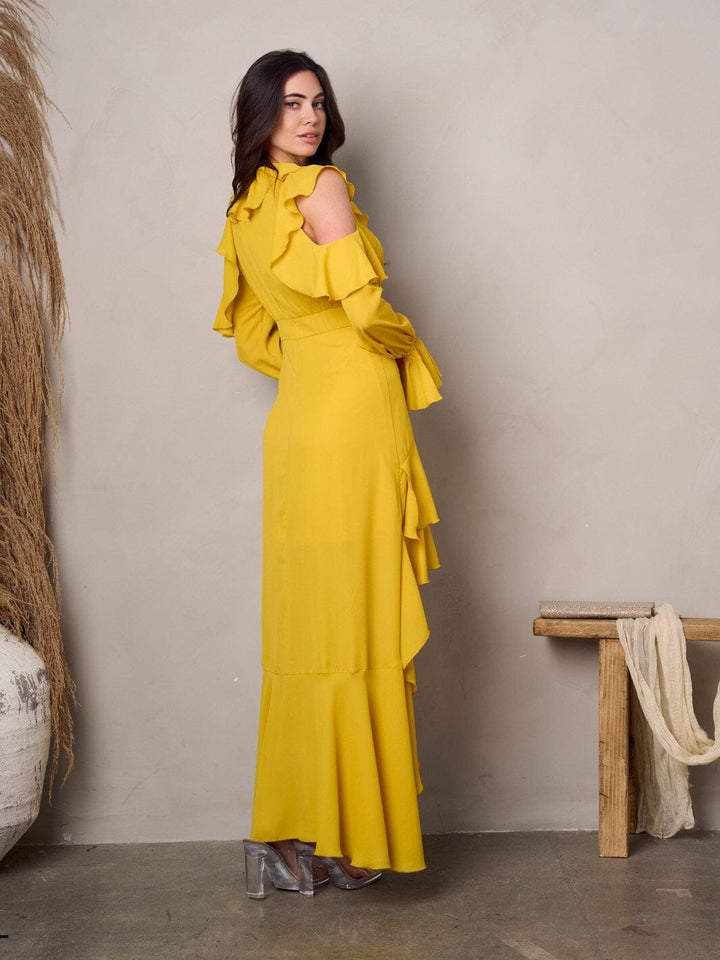 WOMEN'S COLD SHOULDER LONG SLEEVE RUFFLE HI-LOW MAXI DRESS
