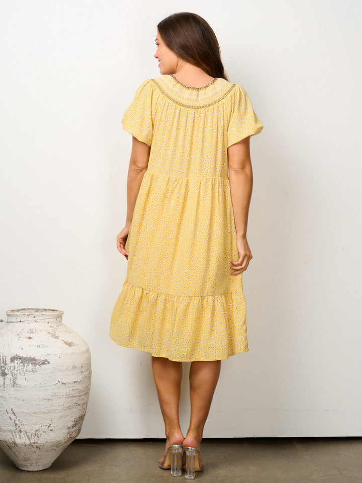 WOMEN'S SHORT PUFF SLEEVE TIERED SMOCK NECK FLORAL MIDI DRESS