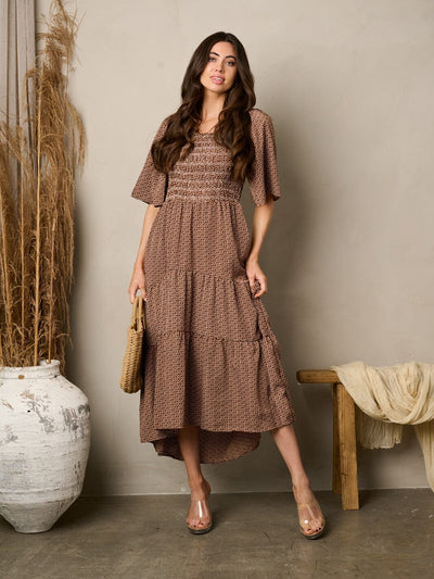 WOMEN'S SHORT SLEEVE SMOCK TIERED PRINTED MIDI DRESS