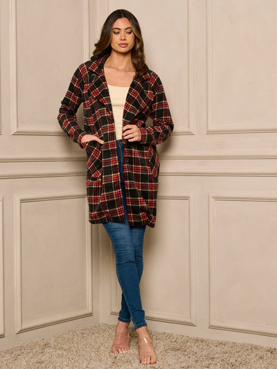 WOMENS LONG SLEEVE BUTTON UP PLAID COAT