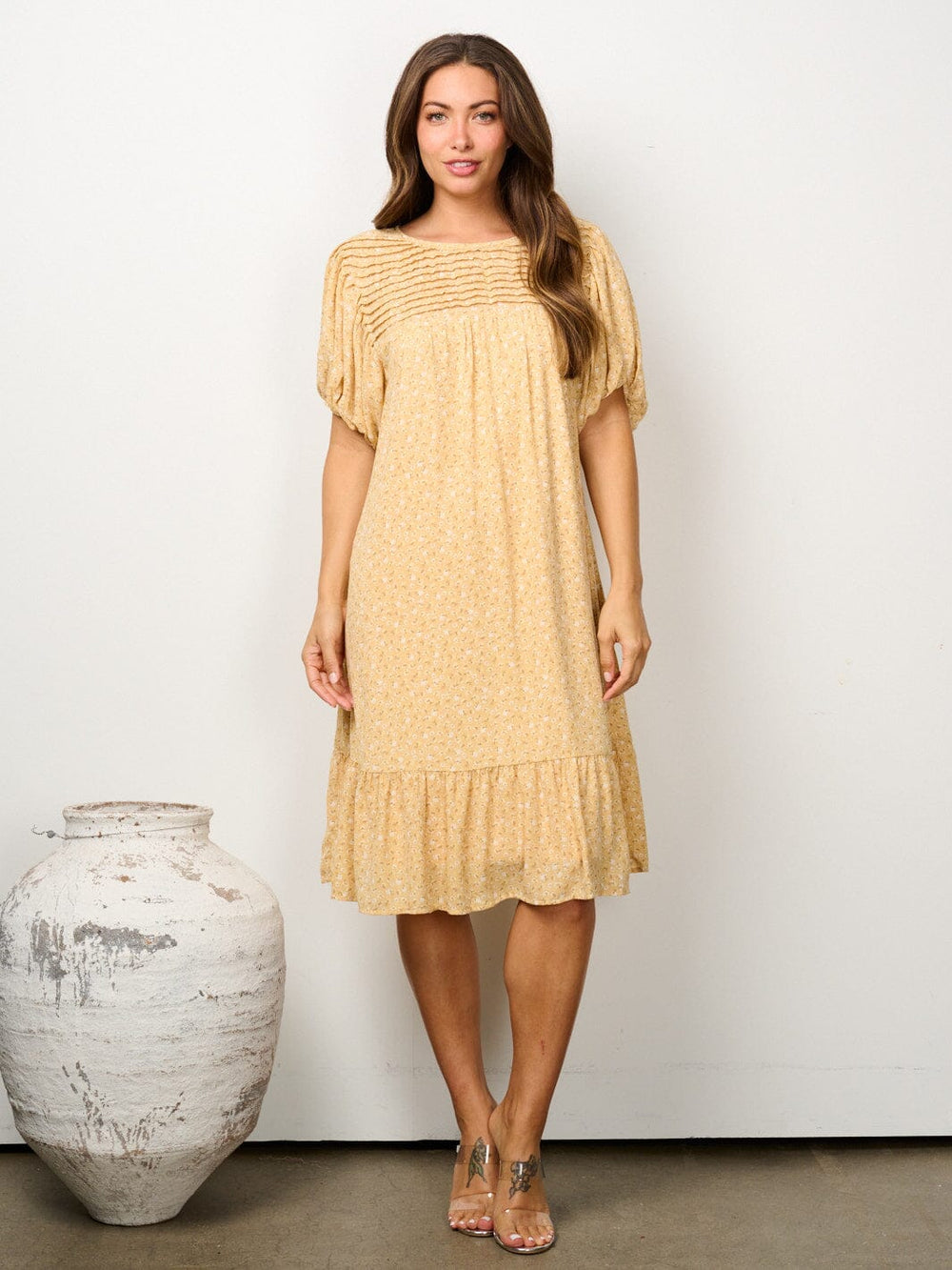 WOMEN'S SHORT PUFF SLEEVE PINTUCK FLORAL TUNIC MIDI DRESS