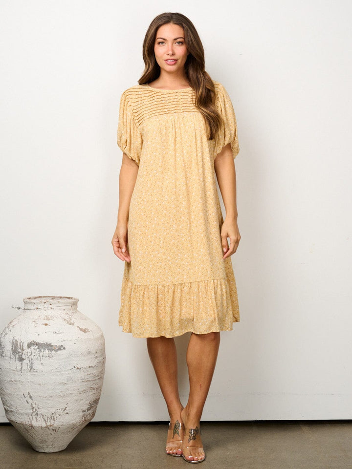 WOMEN'S SHORT PUFF SLEEVE PINTUCK FLORAL TUNIC MIDI DRESS