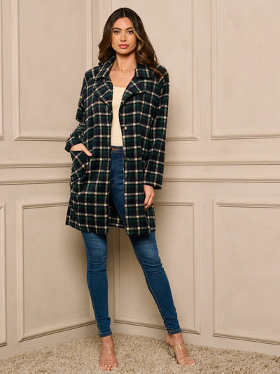 WOMENS LONG SLEEVE BUTTON UP PLAID COAT