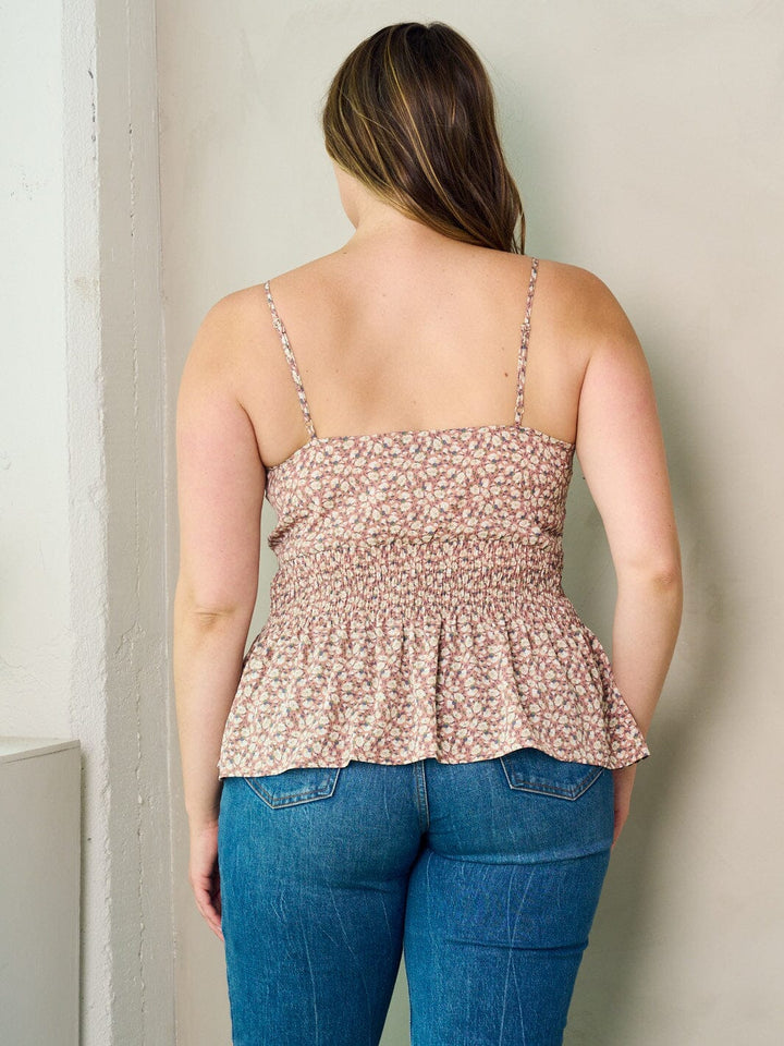 PLUS SIZE SLEEVELESS SMOCK PLEPLUM FLORAL BUTTON UP TANK TOP