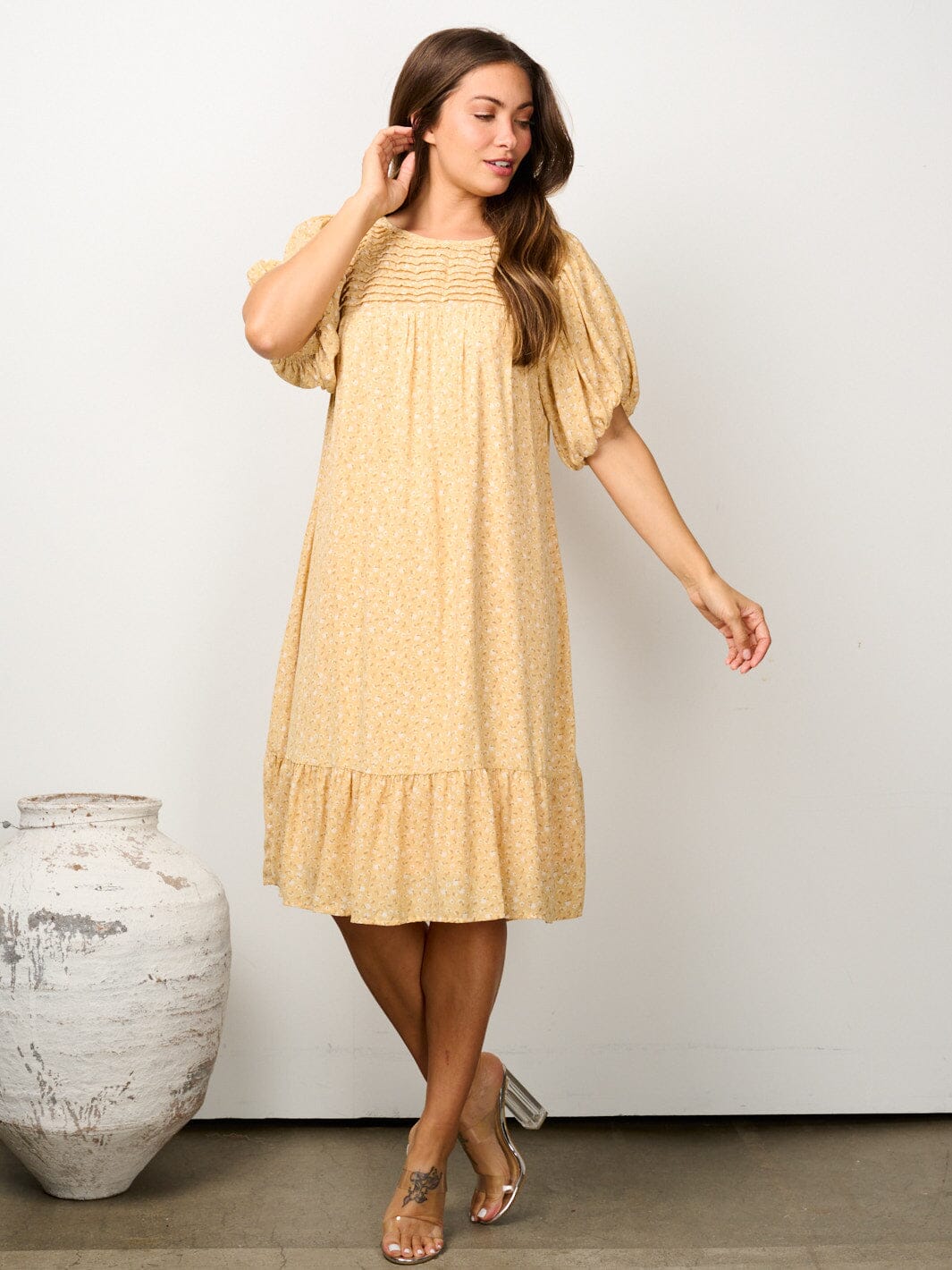 WOMEN'S SHORT PUFF SLEEVE PINTUCK FLORAL TUNIC MIDI DRESS