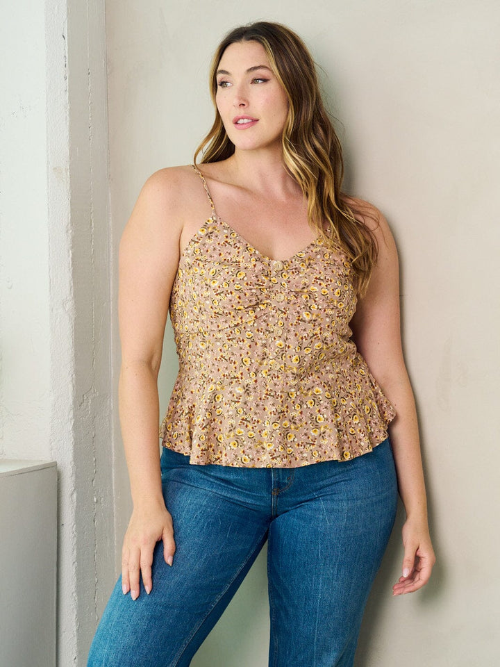 PLUS SIZE SLEEVELESS SMOCK PLEPLUM FLORAL TANK TOP