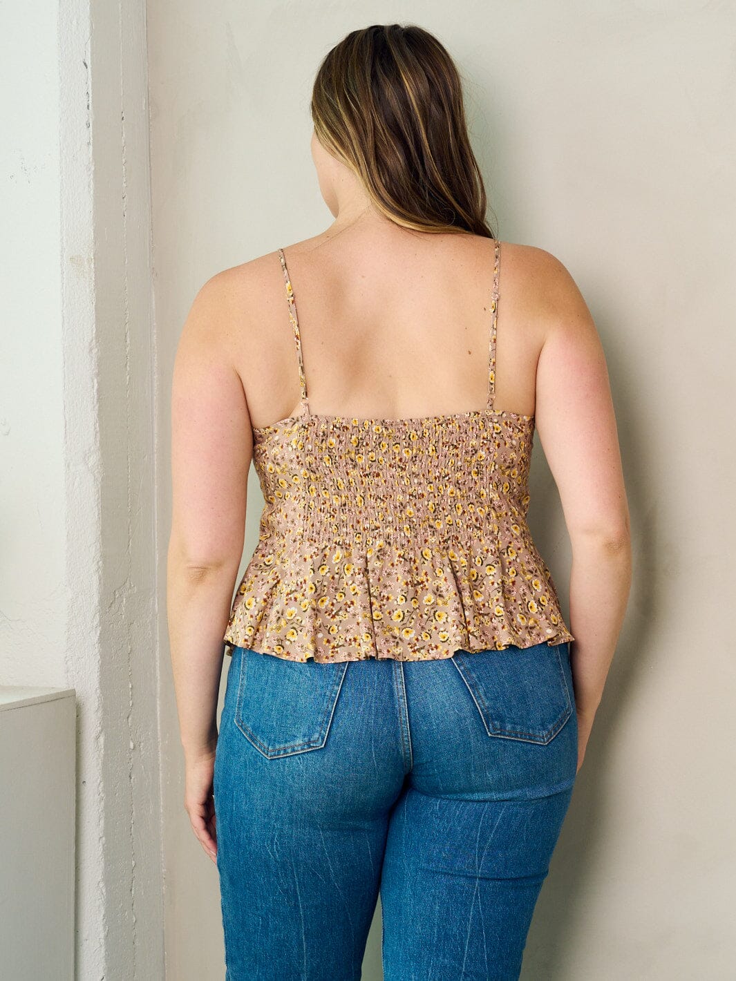 PLUS SIZE SLEEVELESS SMOCK PLEPLUM FLORAL TANK TOP