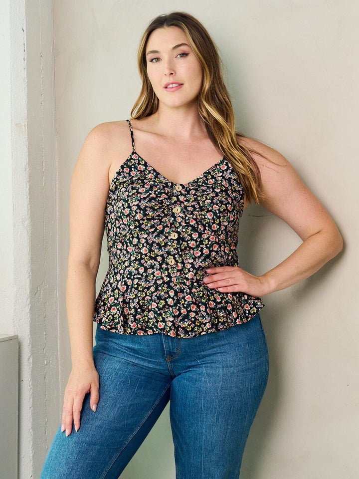 PLUS SIZE SLEEVELESS SMOCK PLEPLUM FLORAL TANK TOP