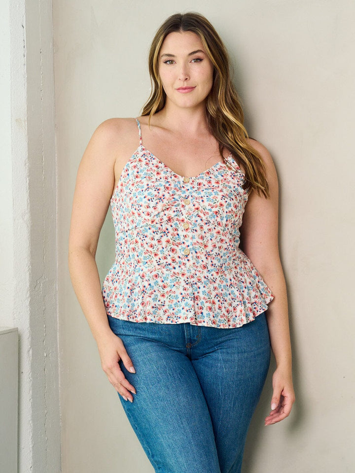 PLUS SIZE SLEEVELESS SMOCK PLEPLUM FLORAL TANK TOP