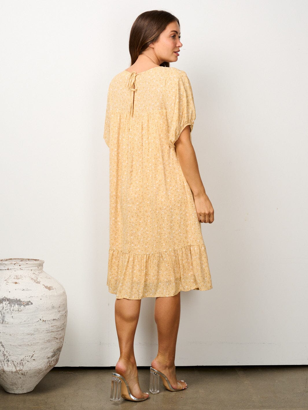 WOMEN'S SHORT PUFF SLEEVE PINTUCK FLORAL TUNIC MIDI DRESS