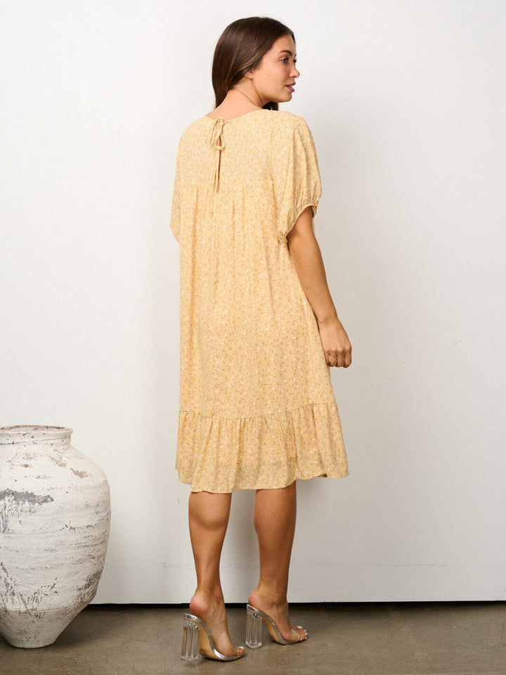 WOMEN'S SHORT PUFF SLEEVE PINTUCK FLORAL TUNIC MIDI DRESS