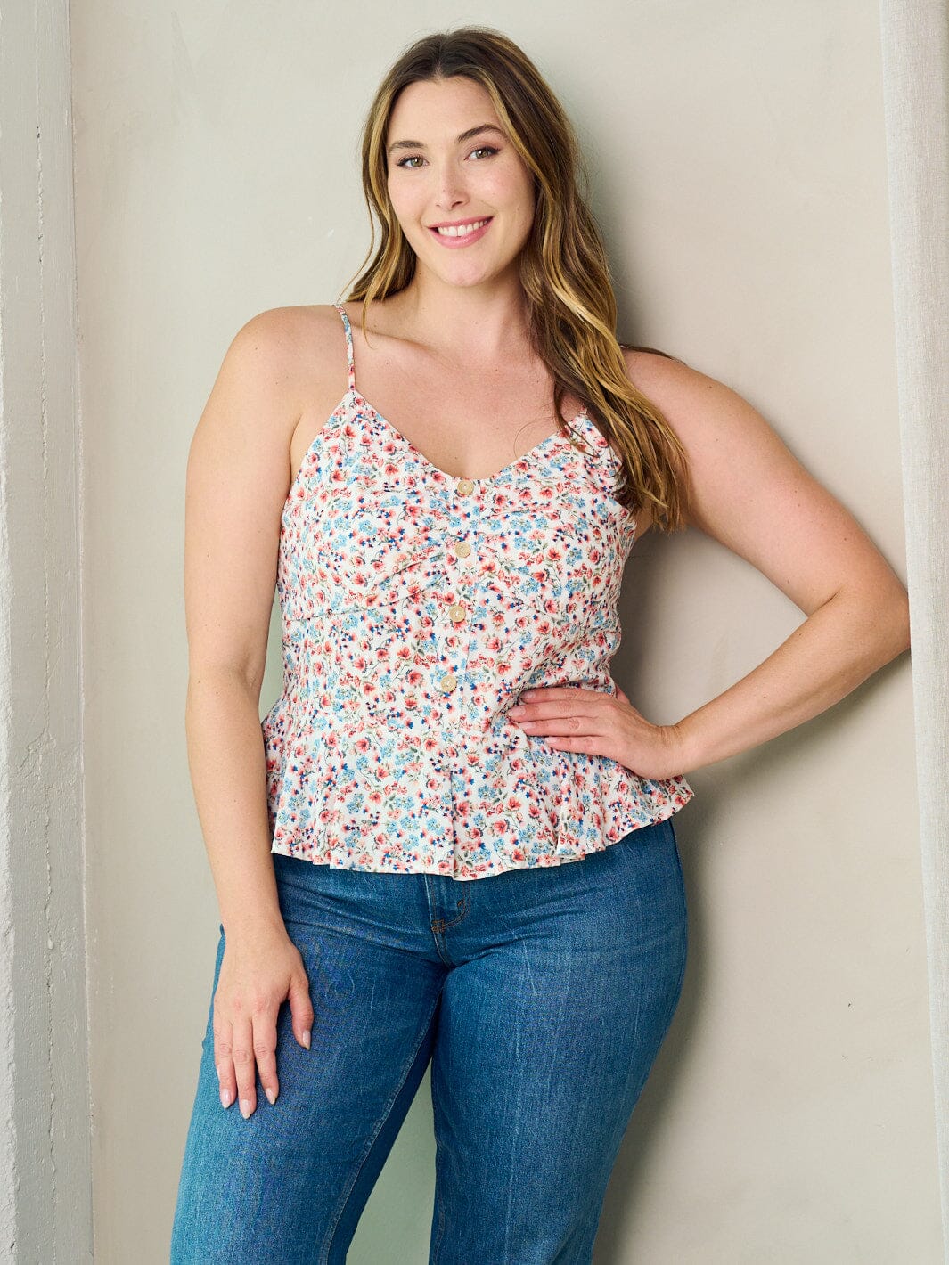 PLUS SIZE SLEEVELESS SMOCK PLEPLUM FLORAL TANK TOP
