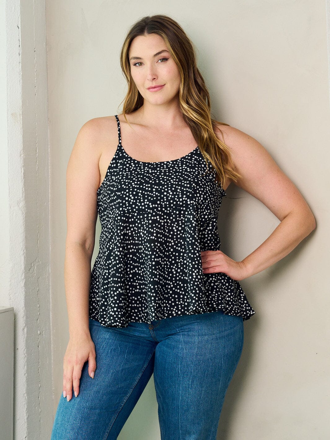 PLUS SIZE SLEEVELESS POLKA DOTS TUNIC TANK TOP