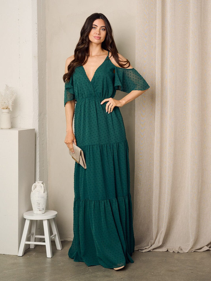 WOMEN'S COLD SHOULDER V-NECK SWISS DOTS MAXI GOWN DRESS