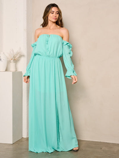 WOMEN'S OFF SHOULDER LONG SLEEVE ELASTIC WAIST MAXI DRESS