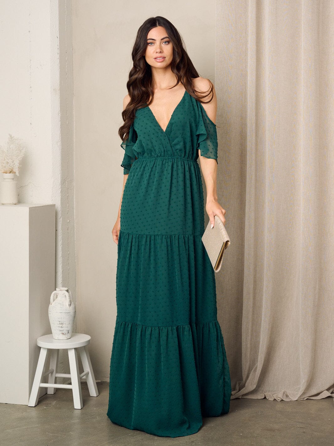 WOMEN'S COLD SHOULDER V-NECK SWISS DOTS MAXI GOWN DRESS